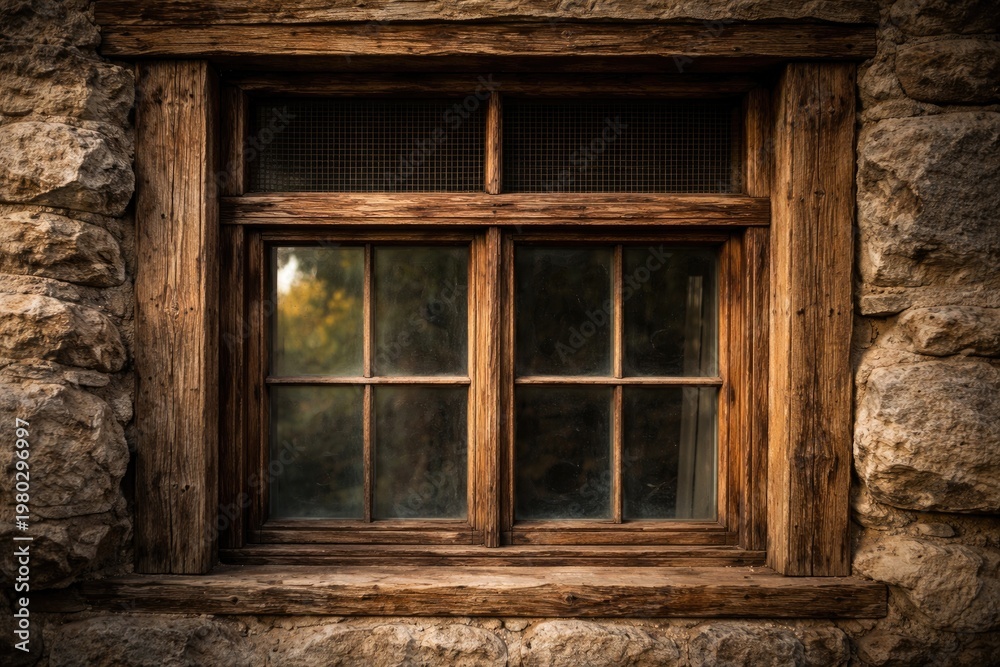 Obraz premium A rustic window featuring a small top pane protected by a fine metal mesh