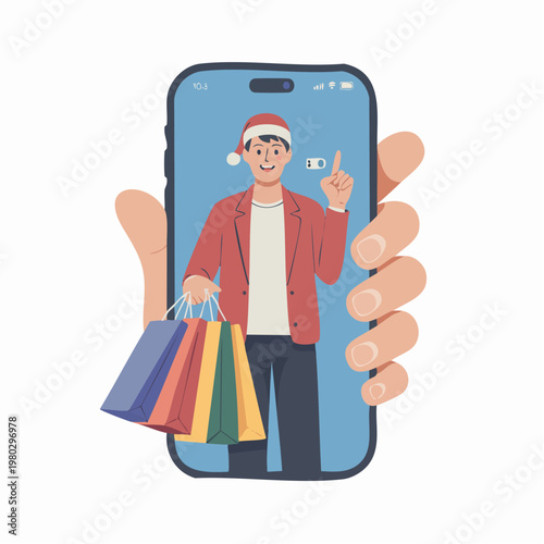 Cartoon man in santa hat shopping on phone