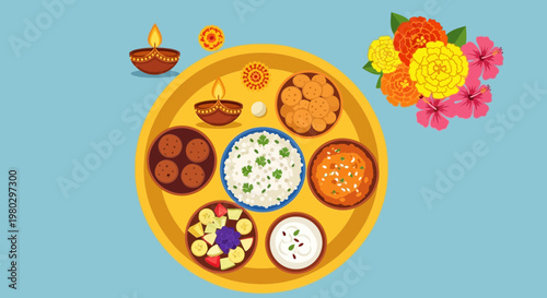 Indian Festival Food Platter with Diya Lamps and Flowers