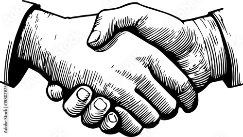 Hand Drawn Handshake Black and White Illustration in Minimal Line Art Style Design