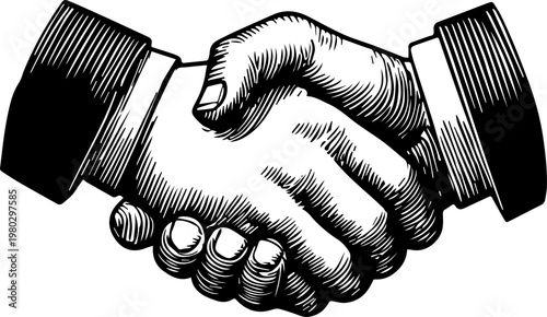 Hand Drawn Handshake Black and White Illustration in Minimal Line Art Style Design