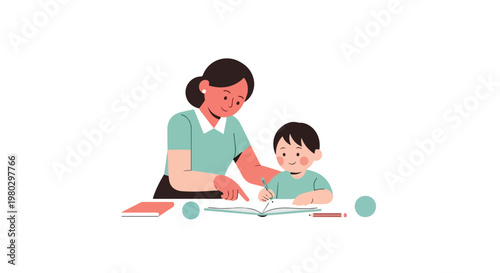 A mother is patiently teaching her young son how to write in a notebook while sitting together at a desk.