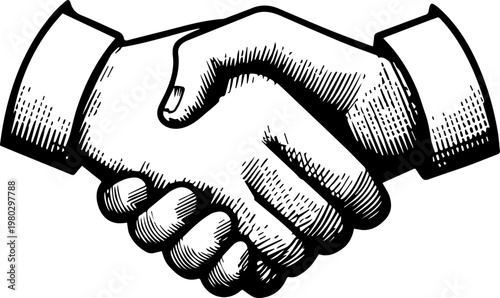 Hand Drawn Handshake Black and White Illustration in Minimal Line Art Style Design