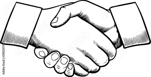 Hand Drawn Handshake Black and White Illustration in Minimal Line Art Style Design