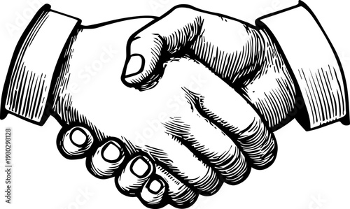 Hand Drawn Handshake Black and White Illustration in Minimal Line Art Style Design