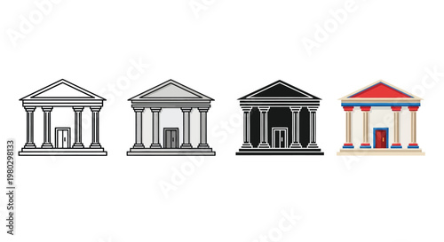 Four variations of classical temple facades showcasing different color schemes and detailing