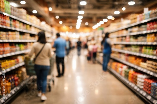 Blurred background of a generic supermarket with multiple shoppers browsing aisles