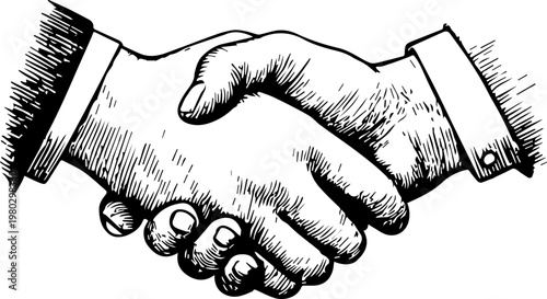 Hand Drawn Handshake Black and White Illustration in Minimal Line Art Style Design
