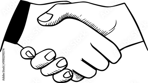 Hand Drawn Handshake Black and White Illustration in Minimal Line Art Style Design