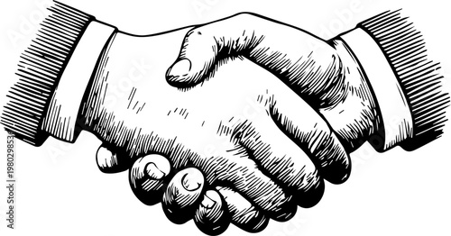 Hand Drawn Handshake Black and White Illustration in Minimal Line Art Style Design