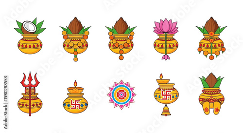 Indian Puja Kalash Set: Auspicious Symbols and Ritual Items Collection