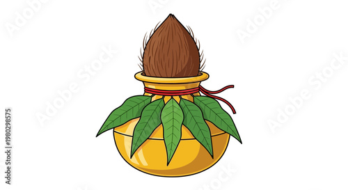 Kalash with Coconut and Mango Leaves, Indian Puja Ritual Symbol