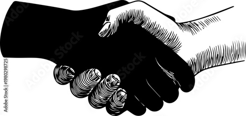 Hand Drawn Handshake Black and White Illustration in Minimal Line Art Style Design