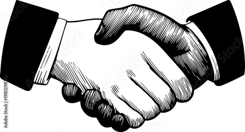 Hand Drawn Handshake Black and White Illustration in Minimal Line Art Style Design
