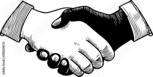 Hand Drawn Handshake Black and White Illustration in Minimal Line Art Style Design