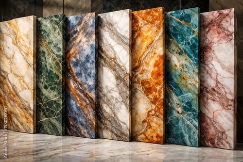 Varied marble slab collection showcasing intricate textures and vibrant hues for interior design and building projects
