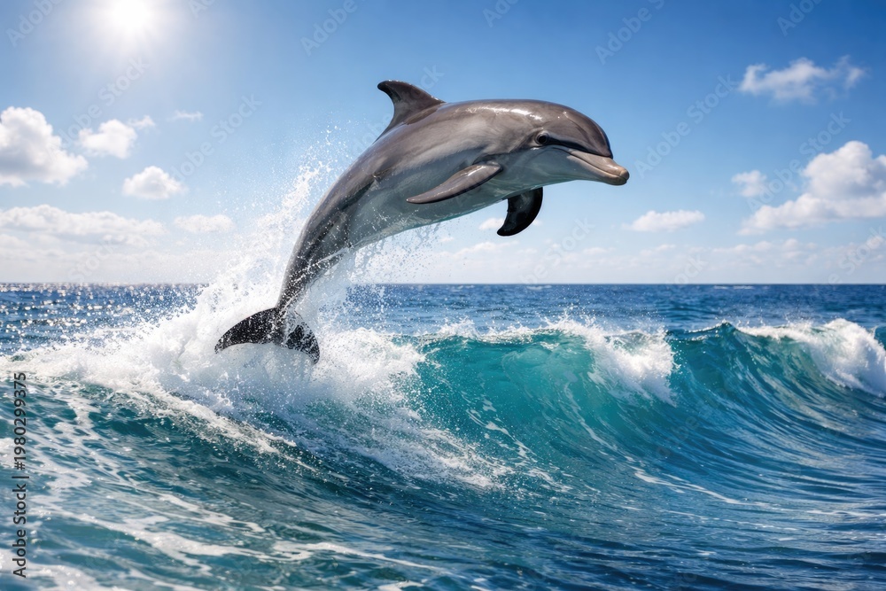 Fototapeta premium Playful dolphin jumping over ocean waves on a sunny day