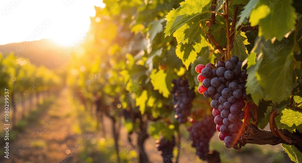 Fototapeta premium Sunlit rows of grapevines with plump grape clusters in focus