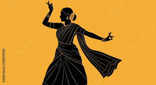 Silhouette of Indian Dancer in Traditional Sari, Performing Classical Dance