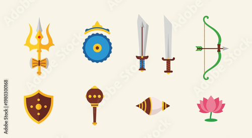 Ancient Indian Weapons and Symbols Collection Vector Icon Set