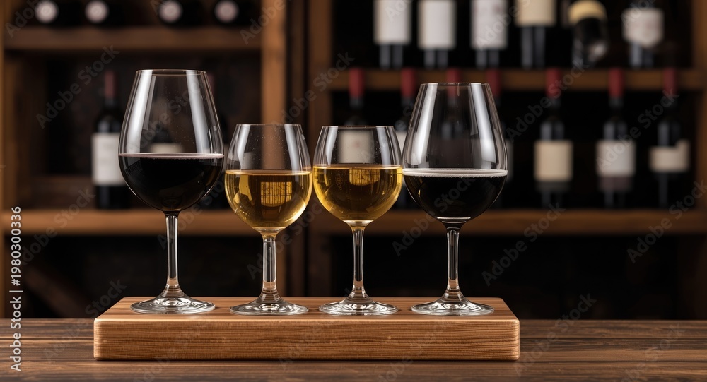 Fototapeta premium Tasteful wine flight display with three assorted glass styles on a wooden serving platform amid a cozy environment enriched by wine bottles