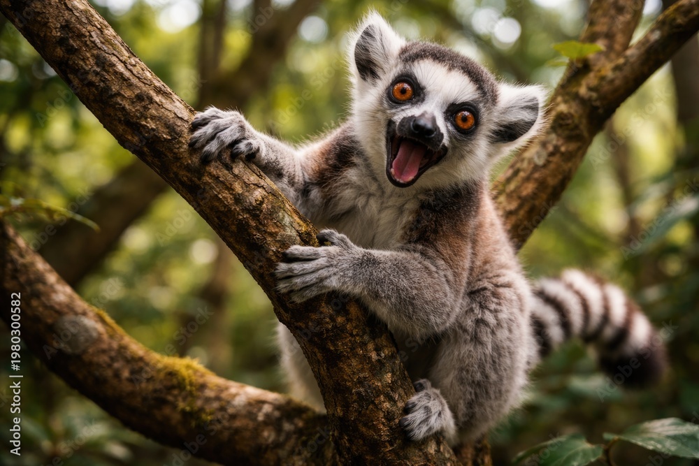 Fototapeta premium Happy playful lemur climbing tree branches in natural habitat