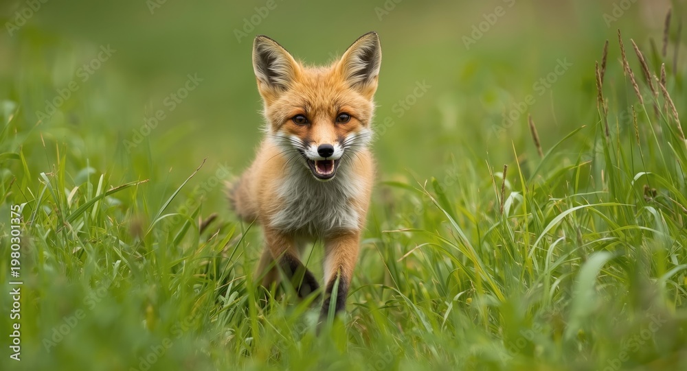 Fototapeta premium Happy juvenile fox running through tall green grassy field