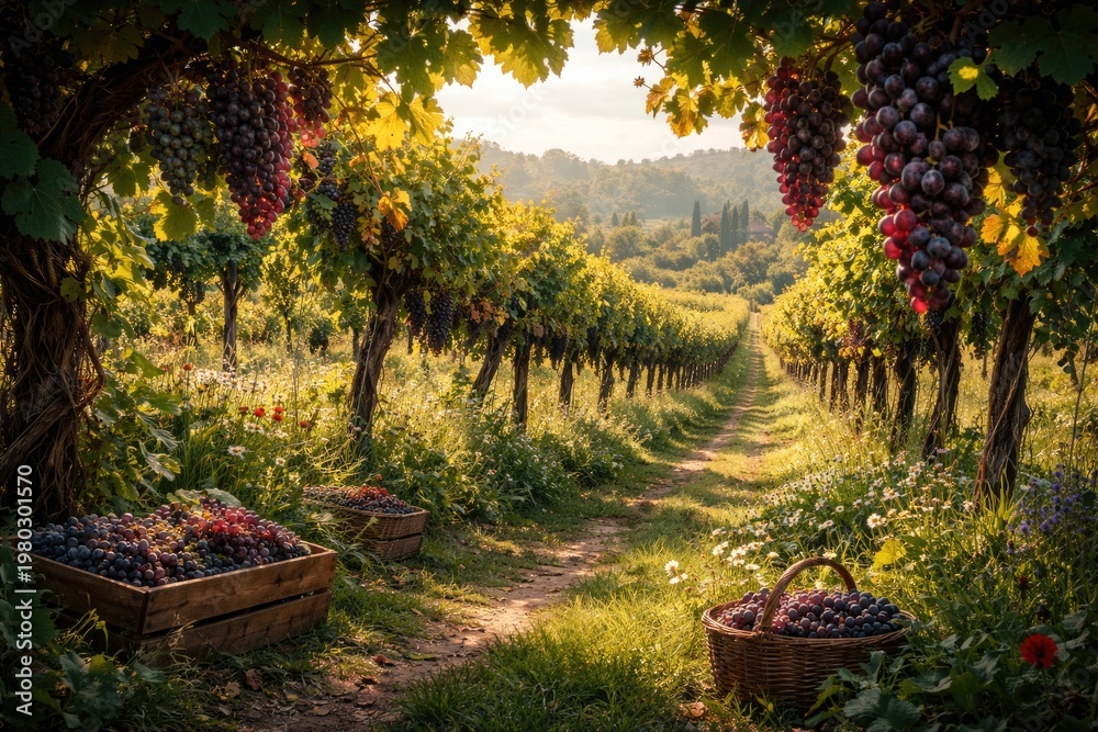Naklejka premium Lush Vineyard Pathway with Ripe Grapevines in Golden Light