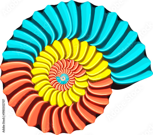 Colorful 3D Spiral Shell Illustration in Blue, Red, and Yellow