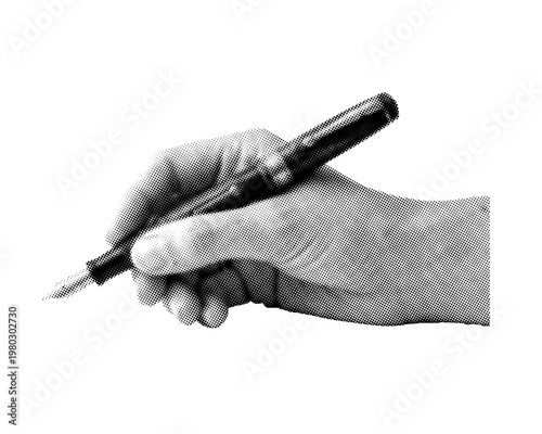 Photos Retro Halftone Hand Writing with Fountain Pen PNG, Vintage Black and White Write