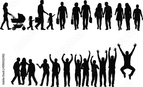 Family and people silhouettes set, walking parents children groups, crowd cheering raising hands, social lifestyle concept, isolated black figures illustration