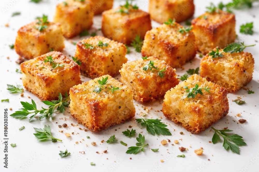 Fototapeta premium Golden crispy crouton chunks scattered with fresh herbs on a plain white surface for healthy culinary displays