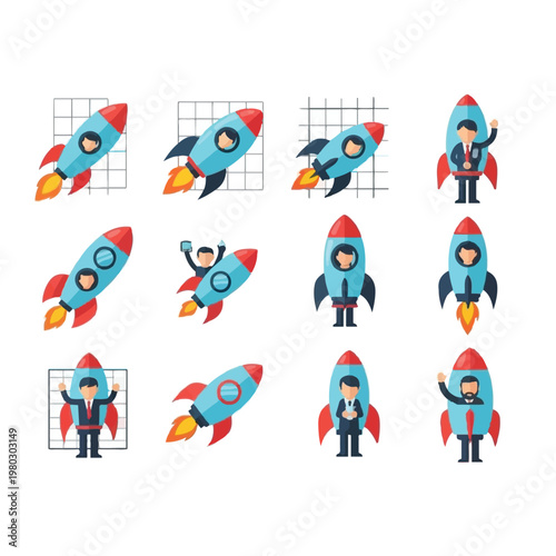 Cartoon astronaut in space rocket.