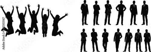 Jumping people and business men silhouettes set, success celebration poses, corporate professionals standing, isolated black figures, dynamic lifestyle concept illustration