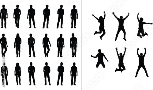People silhouettes set, standing and jumping poses collection, human figures grid and action poses, isolated black silhouettes, lifestyle concept illustration