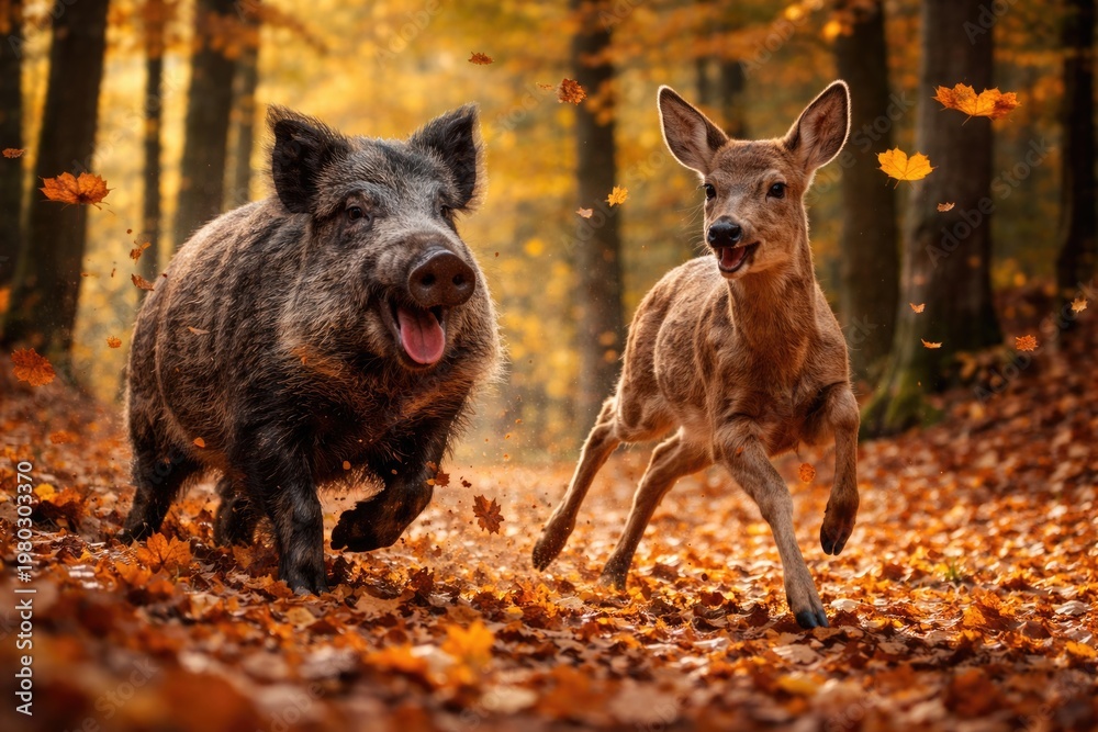 Fototapeta premium Happy wild boar and roe deer playing in vibrant autumn forest with fallen leaves