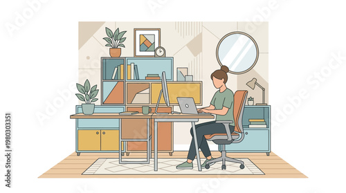 Modern Home Office Illustration of a Woman Working on a Laptop in a Minimalist Workspace
