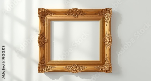 Opulent gold picture frame showcased on pure white backdrop with copy space included