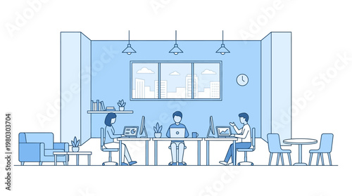 Modern Coworking Space and Office Interior Illustration with Team Working on Laptops, Minimalist Blue Line Art Style