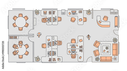 Modern Office Floor Plan Top View Illustration with Workstations, Meeting Rooms, and Lounge Area for Corporate Workspace Design and Interior Architecture