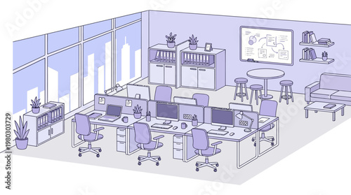 Modern Coworking Office Interior Illustration - Line Art Workspace with Desks, Computers, and Meeting Area in Lavender Tones