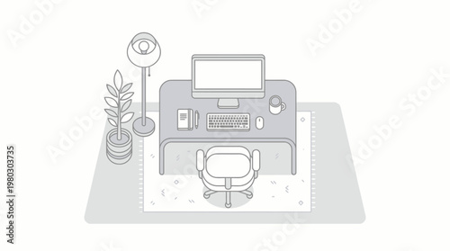 Minimalist Home Office Workspace Illustration with Computer, Desk, and Plant - Remote Work and Productivity Concept