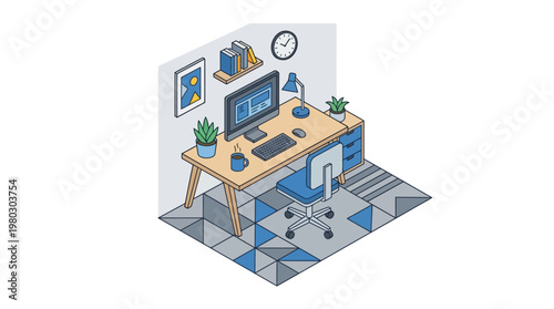 Modern Isometric Home Office Workspace Design with Computer, Desk, and Chair on Patterned Rug