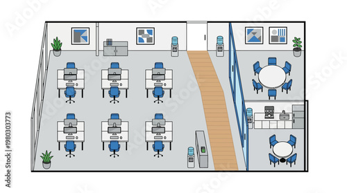 Modern Office Floor Plan Illustration with Workstations, Meeting Rooms, and Break Area in Flat Design Style