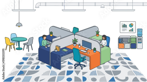Modern Open Plan Office Illustration with Diverse Workstations, Business Professionals, and Corporate Workspace Design