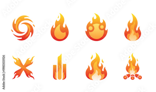 Gradient fire flame icon collection vector isolated on white background glowing burning symbols for logo and app design