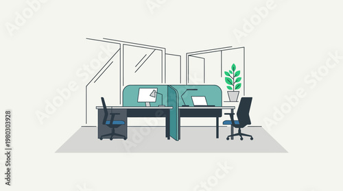 Modern Office Cubicle Workstation Illustration - Minimalist Flat Design Workspace with Desk, Computer, and Ergonomic Chairs