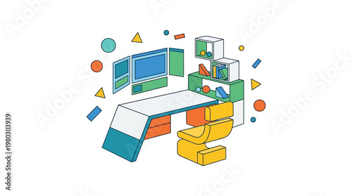 Modern Flat Design Office Setup with Triple Monitor Screens, Ergonomic Chair, and Geometric Shelving Illustration