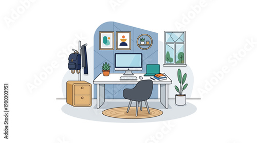 Modern Flat Vector Illustration of a Home Office Workspace with Desktop Computer, Plants, and Minimalist Furniture