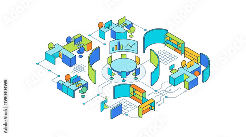 Modern Isometric Office Workspace with Digital Connectivity Network and Data Visualization Charts